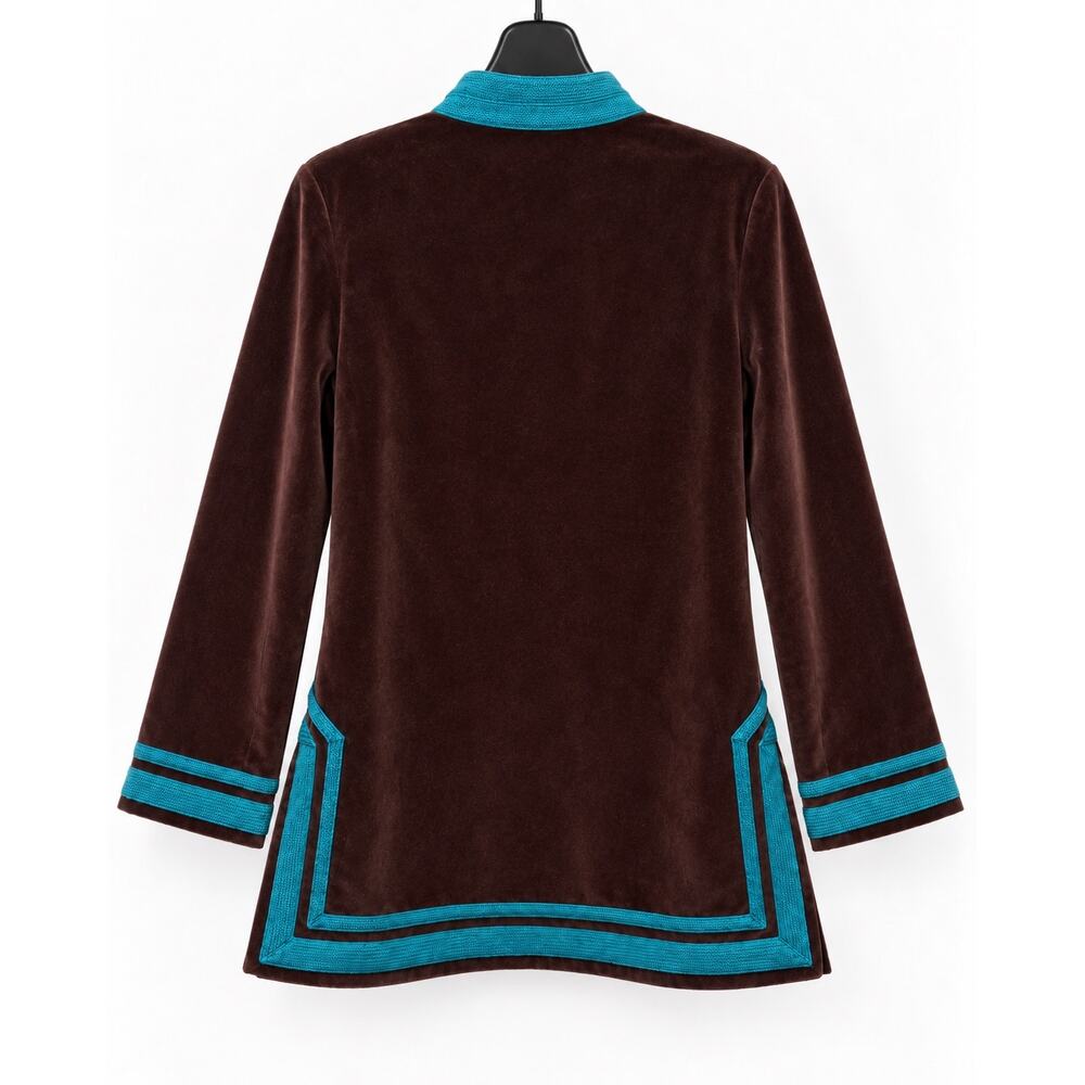 Tory Burch Brown Velour Tunic Top Teal Trim Size 8 Cotton Stretch - Picture 5 of 9